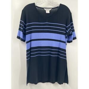 Misook Women’s Short Sleeve V Neck Lightweight Sweater Black Purple Stripe M